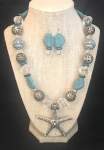 Turquoise, White and Silvertone Beaded Necklace with Starfish Pendant 